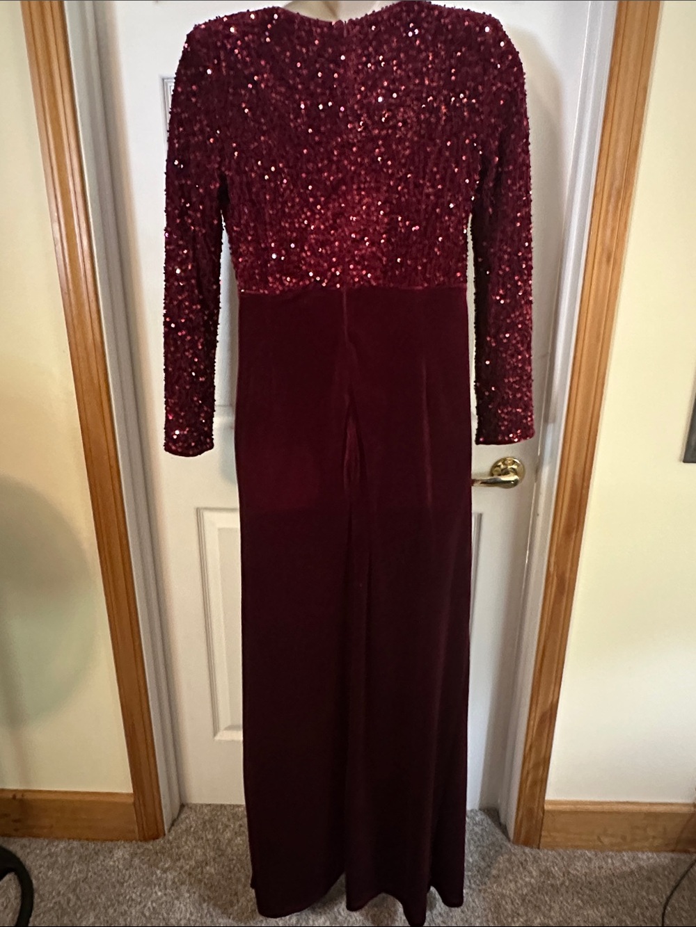 Burgundy Sequin Velvet Long-Sleeve Wrap Gown - Picture 2 of 7
